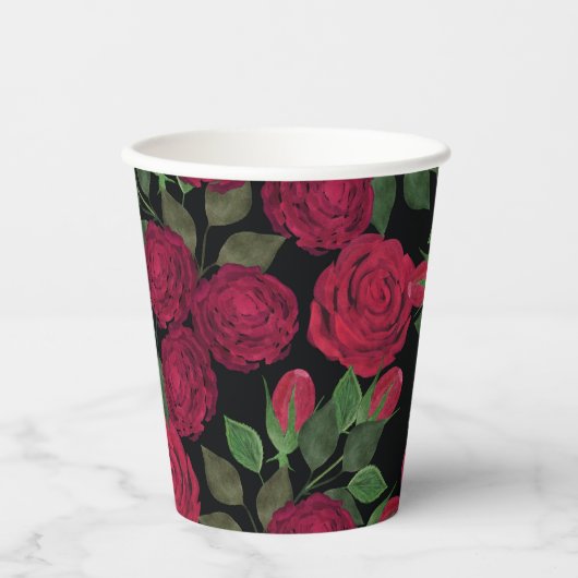 Gobelets En Papier Roses rouges sur noir. (Recto)