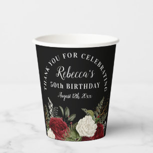 Gobelets En Papier Roses rouges sur Noir 50e anniversaire Merci