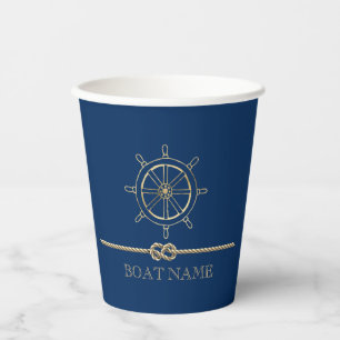 Gobelets En Papier Roue de bateau en or nautique, bleu marine