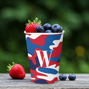 Gobelets En Papier Rouge Blanc Bleu Monogramme Camo Patriotique