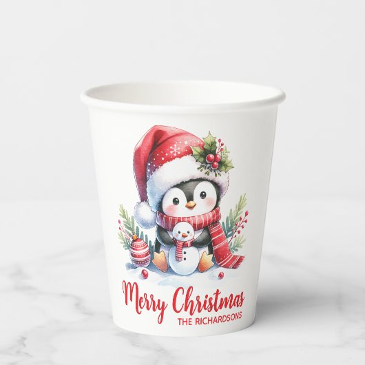 Gobelets En Papier Rouge blanc personnalisé mignon pingouin Joyeux No (Verso)