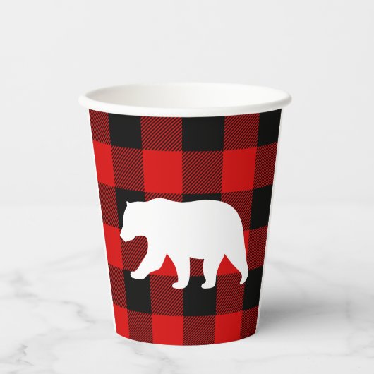 Gobelets En Papier Rouge Buffalo Plaid & Ours Blanc (Recto)