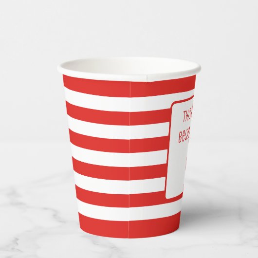 Gobelets En Papier Rouge et blanc rayé "Cette boisson appartient à" (Droite)