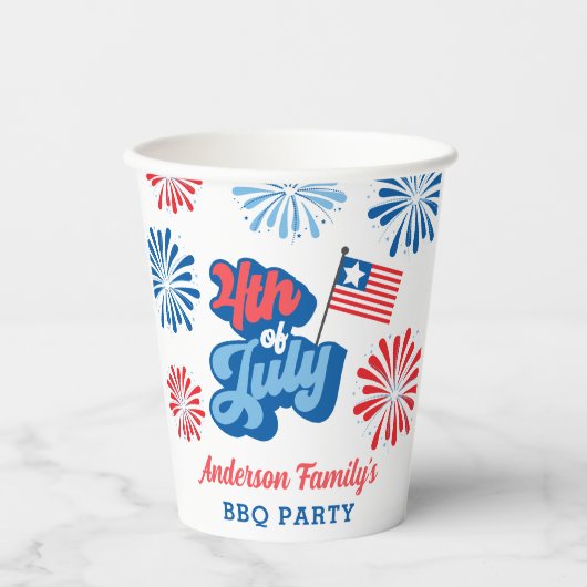 Gobelets En Papier Rouge et bleu 4 juillet feux d'artifice Retro BBQ (Recto)