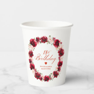 Gobelets En Papier Rouge Rose Florale 18e Anniversaire Personnalisé
