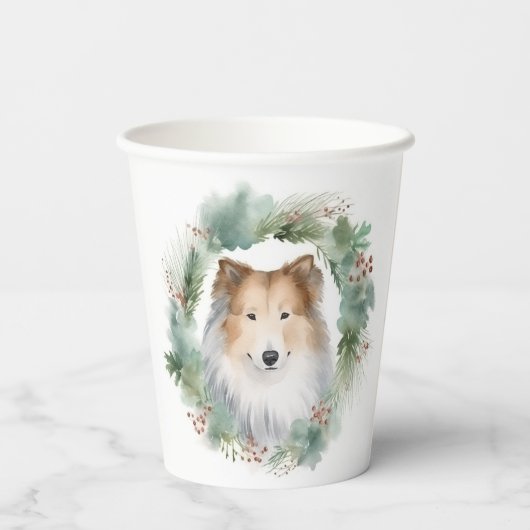 Gobelets En Papier Rough Collie Christmas Wreath Festive Pup (Verso)