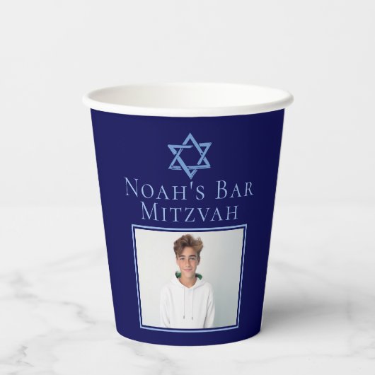 Gobelets En Papier Royal Blue Bar Mitzvah Photo Star du David Party (Verso)