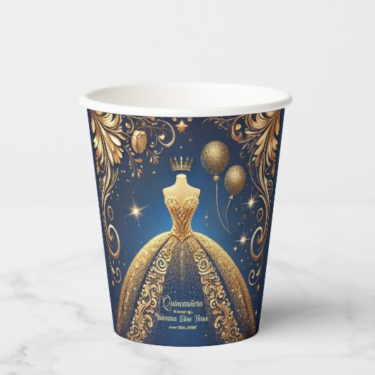 Gobelets En Papier Royal Quinceañera Gold et Navy Princess Thème (Recto)