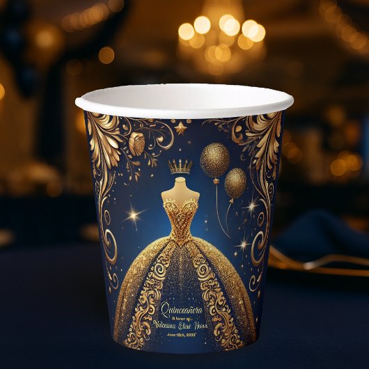 Gobelets En Papier Royal Quinceañera Gold et Navy Princess Thème