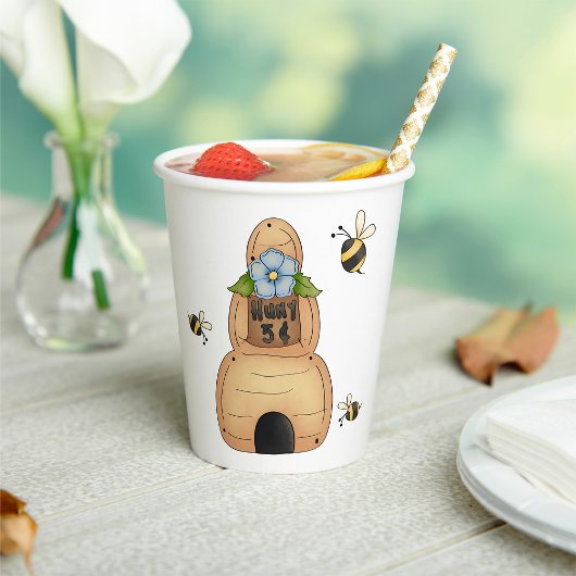 Gobelets En Papier Ruche d'abeille avec fleur bleue et abeilles