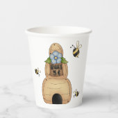 Gobelets En Papier Ruche d'abeille avec fleur bleue et abeilles (Recto)