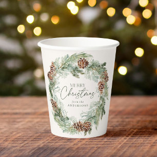 Gobelets En Papier Russe Aquarelle Pine Cône Wreath Joyeux Noël
