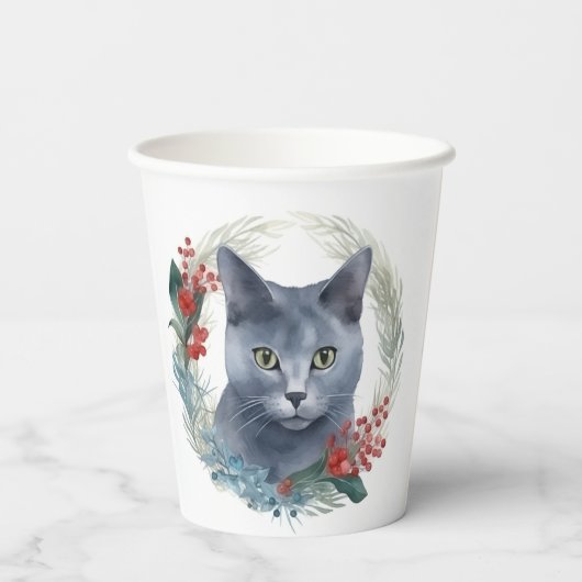 Gobelets En Papier Russe Blue Chat Noël Wreath Festive Kitten (Verso)