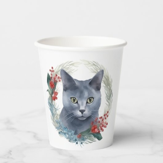 Gobelets En Papier Russe Blue Chat Noël Wreath Festive Kitten (Recto)