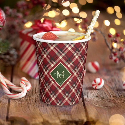 Gobelets En Papier Russe Noël Rouge Vert Plaid Simple Monogramme