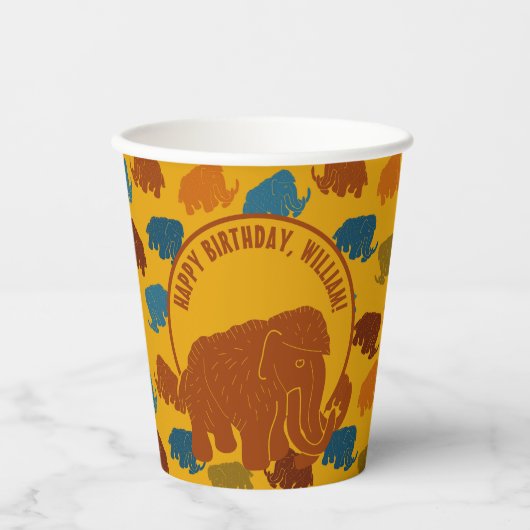Gobelets En Papier Rust & Gold Cartoon Wooly Mammoth Personnalisé (Recto)