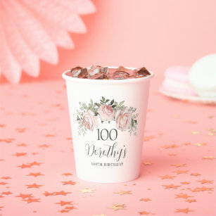 Gobelets En Papier Rustic Rose Floral 100e fête d'anniversaire