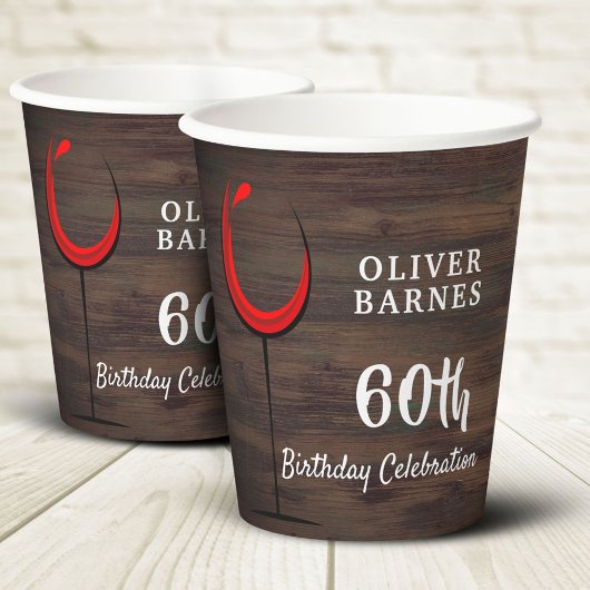 Gobelets En Papier Rustic Wood Red Wine 60e fête d'anniversaire