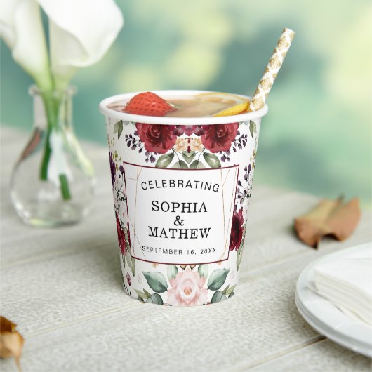 Gobelets En Papier Rustique Bourgogne Blush Floral Abstrait Mariage (Insitu)