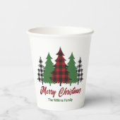 Gobelets En Papier Rustique Red Plaid Joyeux Noël Arbres (Verso)