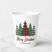 Gobelets En Papier Rustique Red Plaid Joyeux Noël Arbres (Recto)