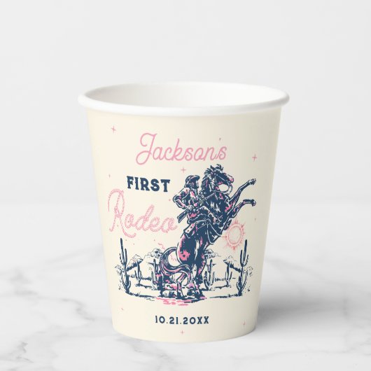 Gobelets En Papier Saddup First Rodeo Cowboy fête d'anniversaire (Recto)