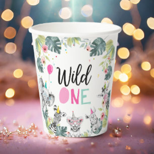 Gobelets En Papier Safari Animaux Deux Fille Rose Sauvage Anniversair