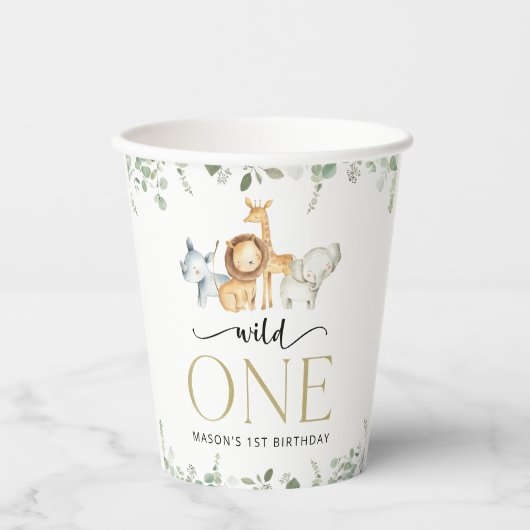 Gobelets En Papier Safari Animaux, Jungle, Sauvage Un, Premier Annive (Recto)