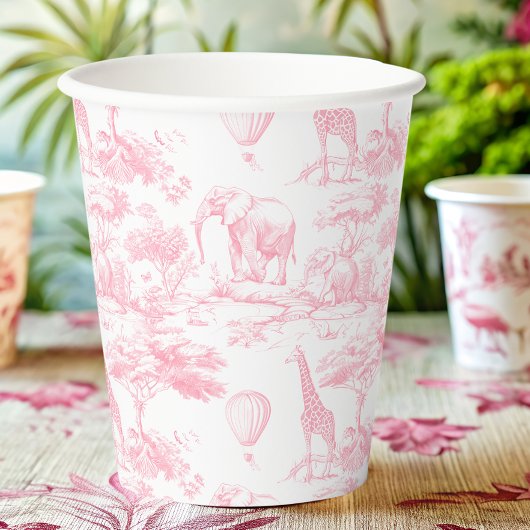Gobelets En Papier Safari Animaux Toile rose de Jouy Baby shower