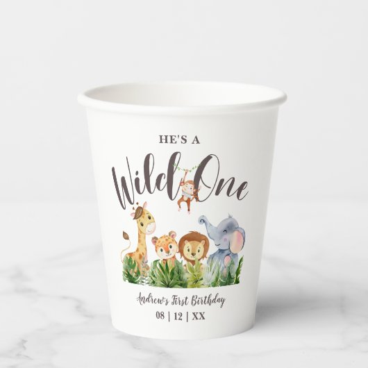 Gobelets En Papier Safari Animaux Wild One Anniversaire des enfants (Recto)