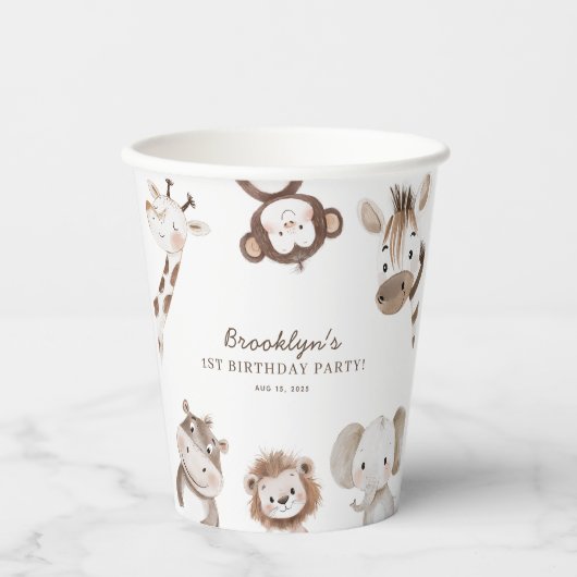 Gobelets En Papier Safari Neutre Cute Jungle Anniversaire (Recto)