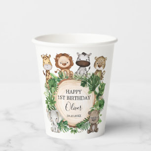 Gobelets En Papier Safari tropical Animaux Jungle Verdure Anniversair