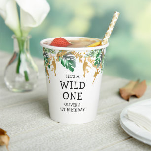 Gobelets En Papier Safari Wild One 1er Anniversaire Vert Or Blanc