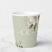 Gobelets En Papier Sage Floral & Foliage Aquarelle Initiales Mariages (Recto)
