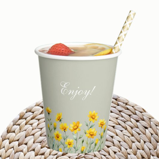 Gobelets En Papier Sage Green Boho Jaune Fleur sauvage Fête des marié