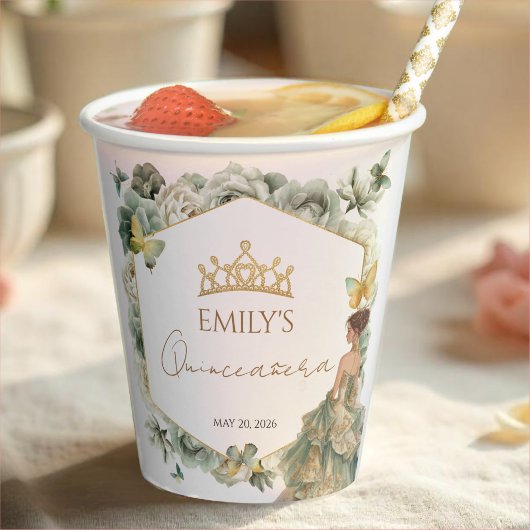 Gobelets En Papier Sage Green Floral Butterfly Tiara Quinceañera