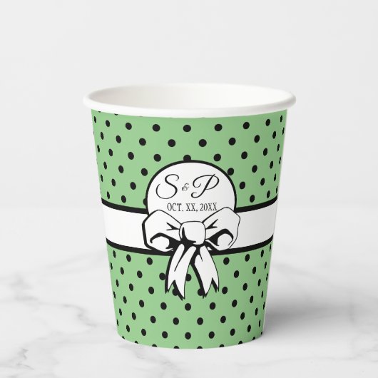 Gobelets En Papier Sage Green Polka Noir Pot Blanc Bow Personnalisé (Verso)