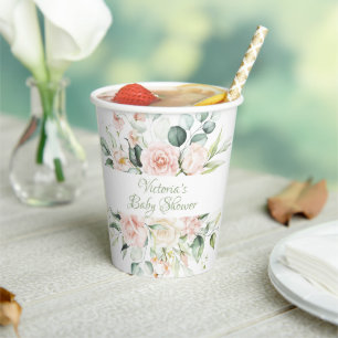 Gobelets En Papier Sage rose Personnalisé Élégant Baby shower Floral