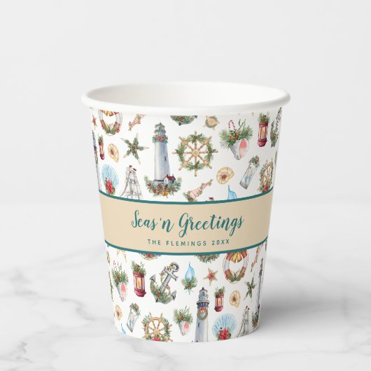 Gobelets En Papier Salutations de Noël Nautique Personnalisé (Verso)