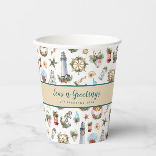 Gobelets En Papier Salutations de Noël Nautique Personnalisé (Recto)