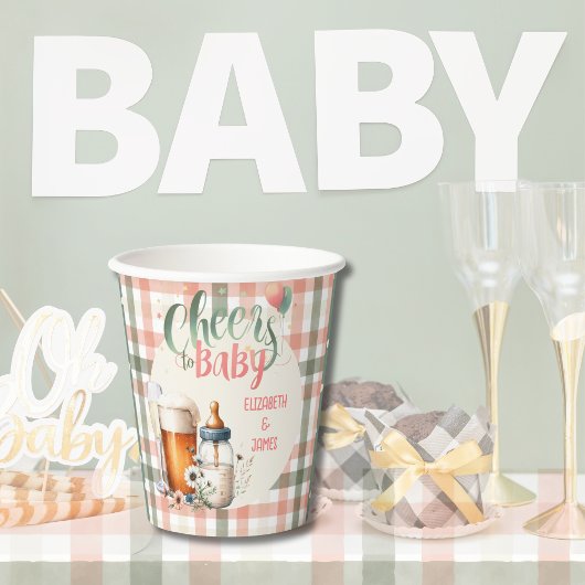 Gobelets En Papier Salutations pour bébé Sage Peach En vichy bières B