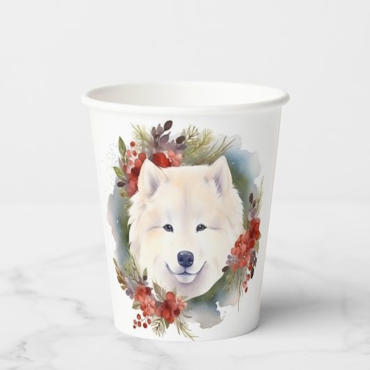 Gobelets En Papier Samoyed Christmas Wreath Festive Pup (Verso)