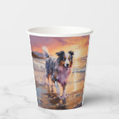 Gobelets En Papier Sandy Australian Shepherd Dog on Beach Sunset (Verso)