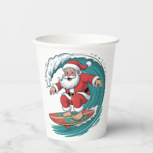 Gobelets En Papier Santa Surfant Noël Surf X-mas Festif Vacances