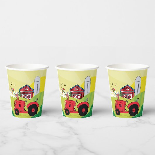 Gobelets En Papier Scène de ferme avec coq chantant sur tracteur