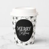 Gobelets En Papier Script Joyeux Noël Flocons de neige noirs (Recto)
