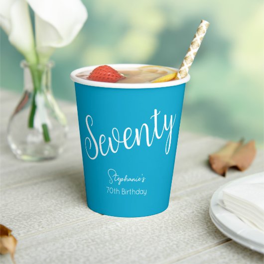 Gobelets En Papier Script simple moderne Aqua Blue 70th Birthday Part (Insitu)