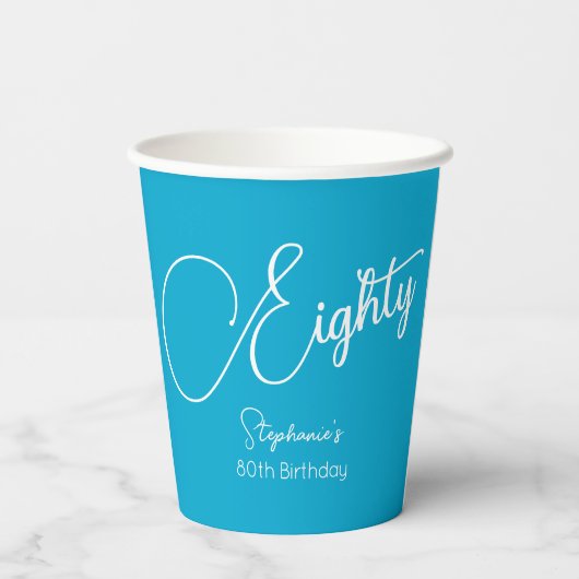 Gobelets En Papier Script simple moderne Aqua Blue 80th Birthday Part (Verso)