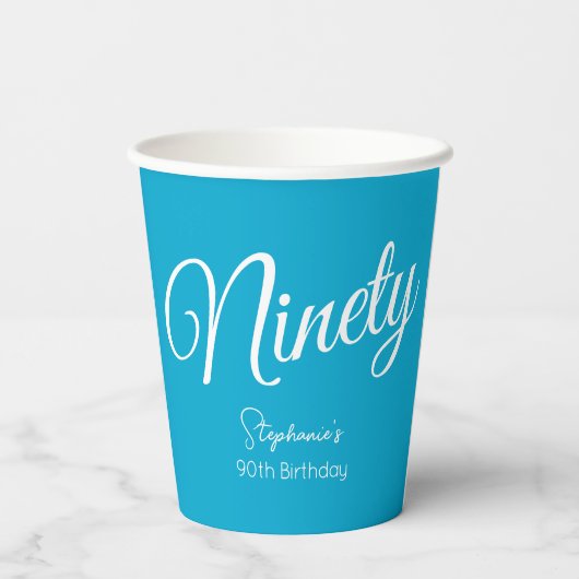 Gobelets En Papier Script simple moderne Aqua Blue 90th Birthday Part (Verso)