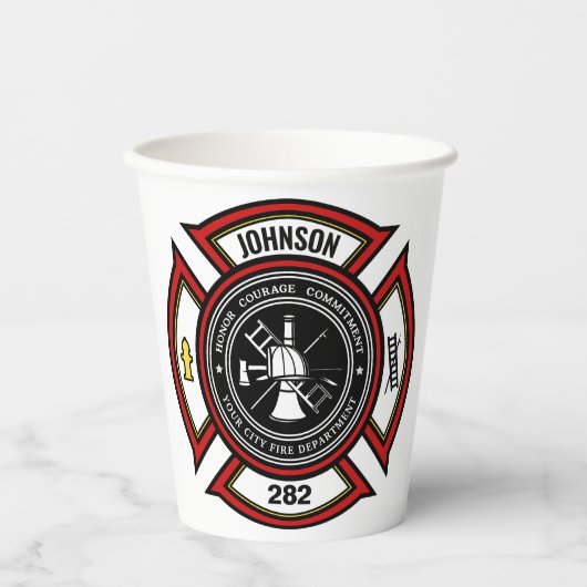 Gobelets En Papier Service d'incendie AJOUTER LE NOM Pompier Insigne  (Recto)